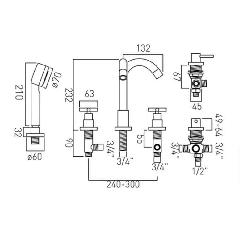 Vado Elements Water 5 Hole Bath Shower Mixer Deck Mounted - Chrome - ELW-135-3/4-C/P 2 Vado Elements Water 5 Hole Bath Shower Mixer Deck Mounted - Chrome - ELW-135-3/4-C/P - Image 2